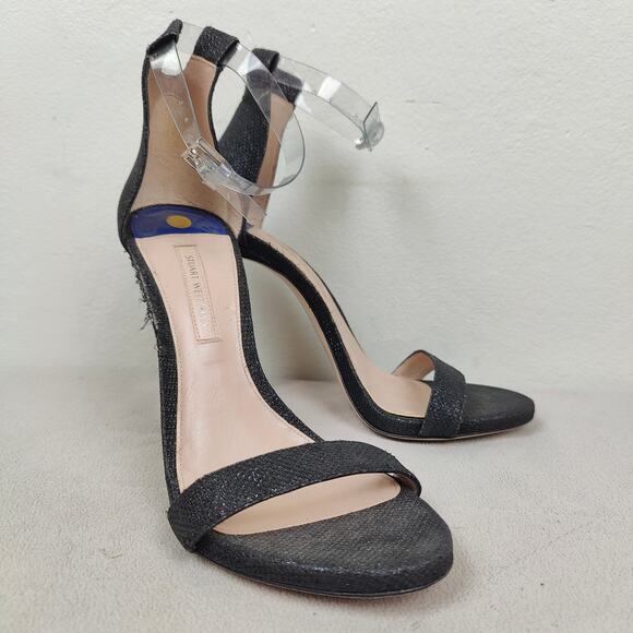 Stuart Weitzman‎ The Ruby Nudist Heels Womens 8 Black Glitter Sandals Shoes Glam - Picture 2 of 11